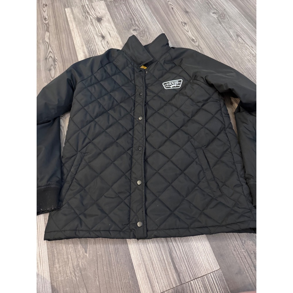 Vans Mens Quilted Bomber Jacket Black Yellow Lining Snap Front Size Medium